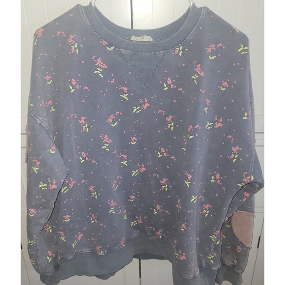 Easel Floral Heart Elbow Patch Sweatshirt Blue Pink Corduroy Boho Pullover S - Picture 4 of 5